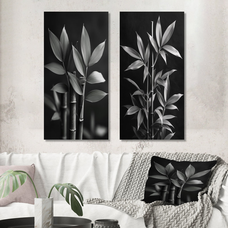 Ensemble de 2 pièces d'art mural en bambou gris et botanique, H 28 po x l 24 po, Toile tendue sur cadre, Ne s’applique pas