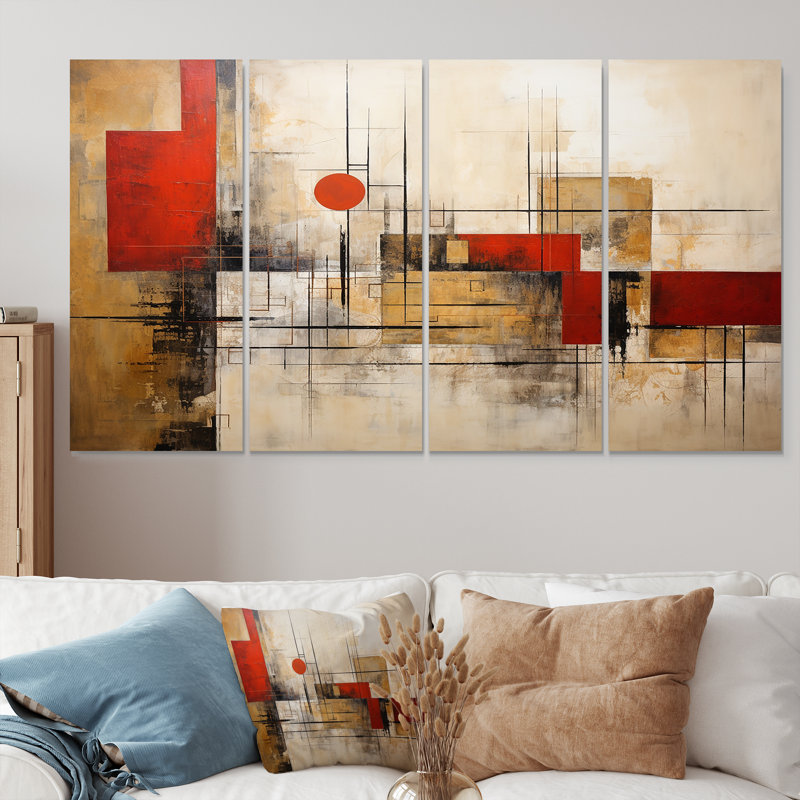 «Red Moon Gold Cubist Abstract», art mural géométrique 4 pièces, H 32 po x l 64 po