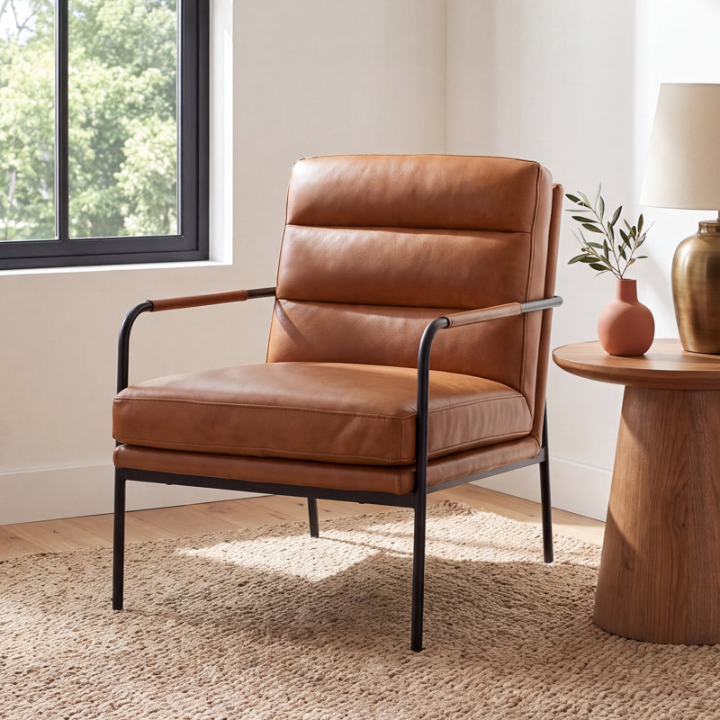 Keeley 23.5" W Top Grain Leather Armchair, Brown Pebbled Top Grain Leather