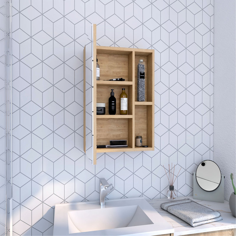 Pharmacie avec miroir, cinq tablettes internes, porte simple - pin, Beige