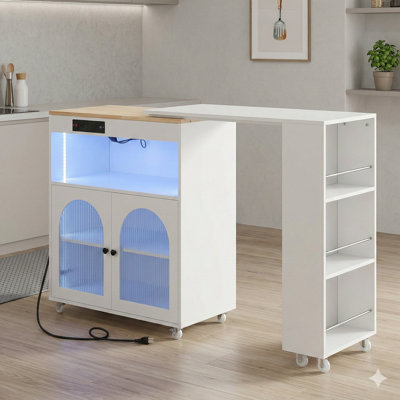 Rolling Kitchen Island with Extendable Table Top, Features LED Lights, Power Outlets, 2 Fluted Glass Doors, Storage Compartment, and 3 Open Side Shelves, on Wheels, White