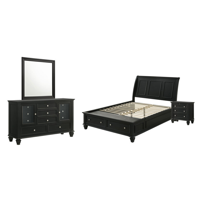Ensemble de chambre à coucher Beach Eastern, Grand lit, Noir, Ensemble de 4 pièces : lit, table de chevet, comm
