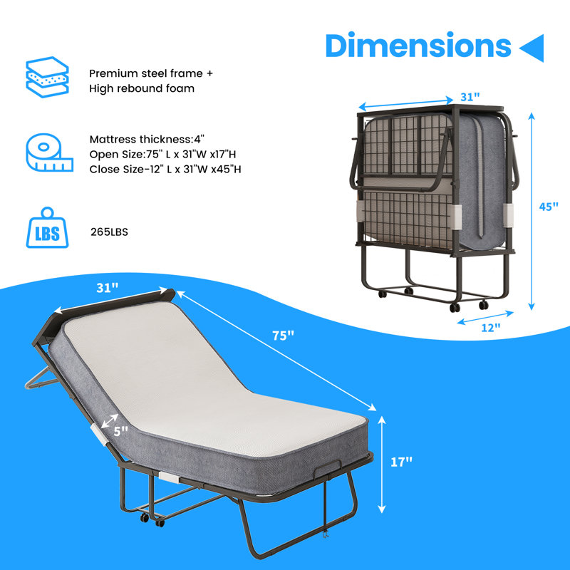 Lit d'invité pliant avec matelas en mousse à mémoire de forme de 5 po et roulettes, Lit simple