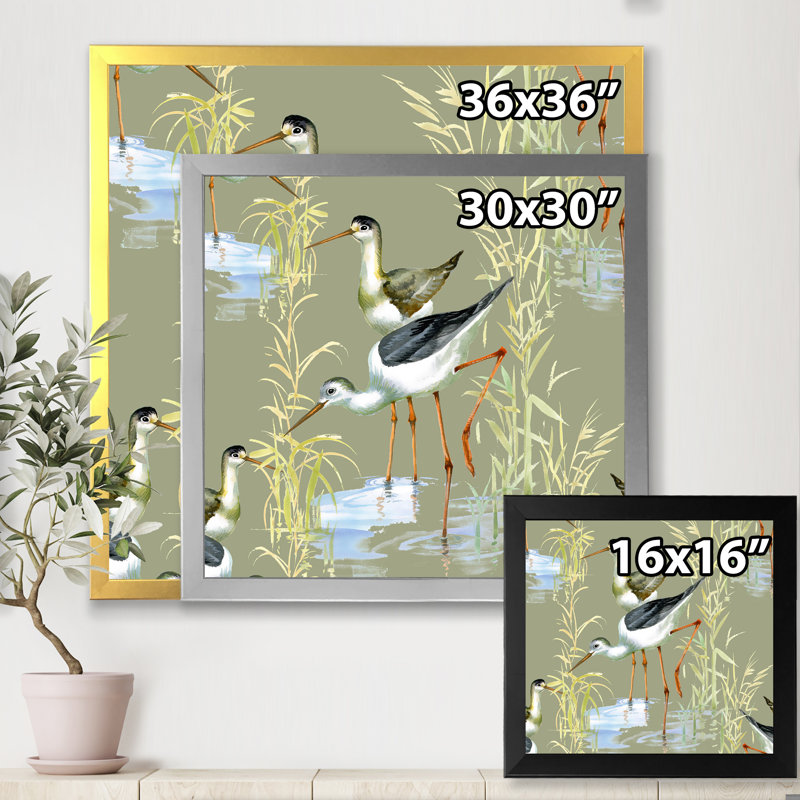 Herons, oiseaux dans l'eau - Peinture sur toile encadrée, H 16 po x l 16 po x P 1 po, Encadrement doré
