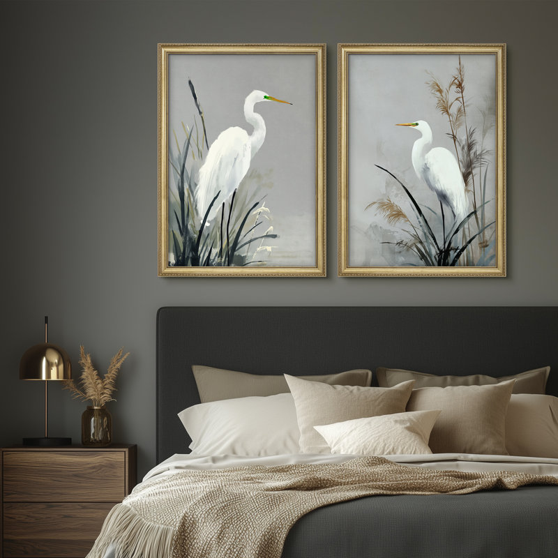 Ensemble de 2 décorations murales 26 po x 36 po Elegant White Heron Marsh Grass Minimal Nature
