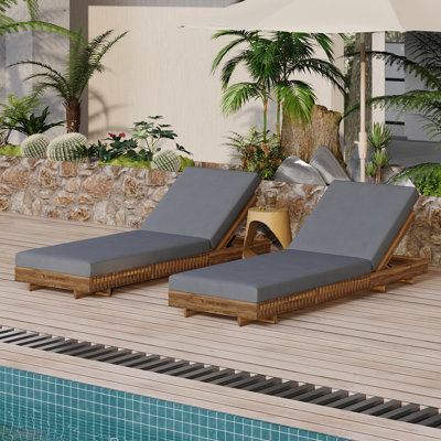 Outdoor Adjustable Chaise Lounge Set with Cushions in Solid Wood
