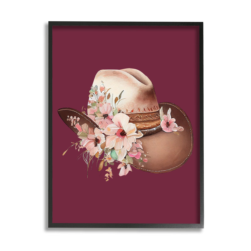 Chapeau de cow-boy sur imprimé bourgogne, Giclée encadrée noir minuit, H 30 po x l 24 po x P 1,5 po