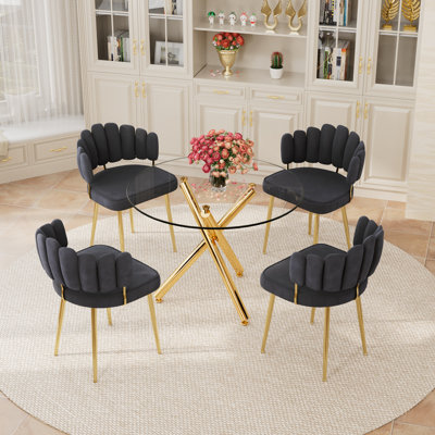 Elegant Round Glass Dining Table Set With Flower Velvet Chairs