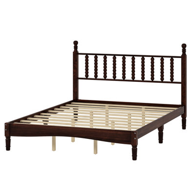 Walnut Finish Queen Size Bed, Gourd Shaped Headboard, Retro Platform Style Bed With Style, Platform, Durability