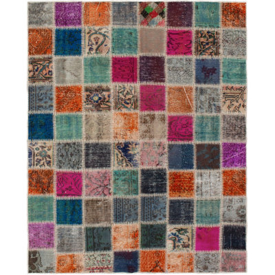 Tapis unique en laine noué à la main rose foncé et orange de style patchwork des années 2010 de 5 pi 2 po x 6 pi 7 po Andretta
