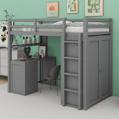 Ilianka Twin Loft Bed with Drawers,Desk and Wardrobe