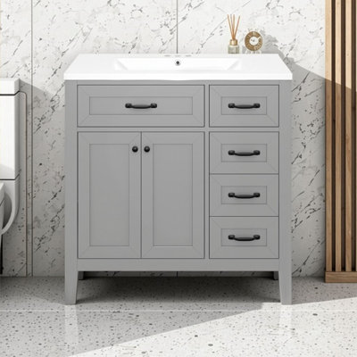 Élégant meuble-lavabo de salle de bain 36 po avec lavabo en céramique | Armoire de rangement et tiroirs autoportants | Conception moderne de style spa