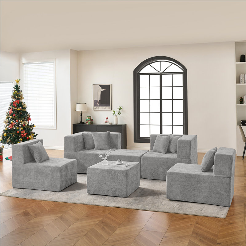 129"Cloud Modular Sectional Sofa With 2 Ottoman, Gray Chenille