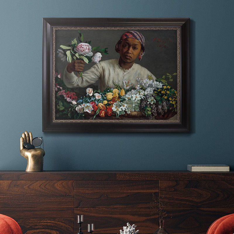 Femme noire avec pivoines, toile encadrée de qualité supérieure - prête à être accrochée, H 24 po x l 36 po x P 2,5 po