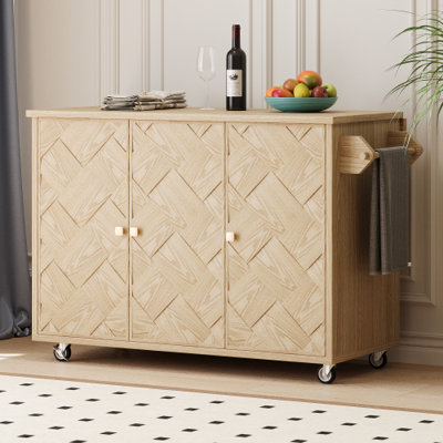 51.2" Kitchen Island with Drop Leaf, Coastal Kitchen Island on Wheels with Internal Storage Rack, Rolling Kitchen Cart