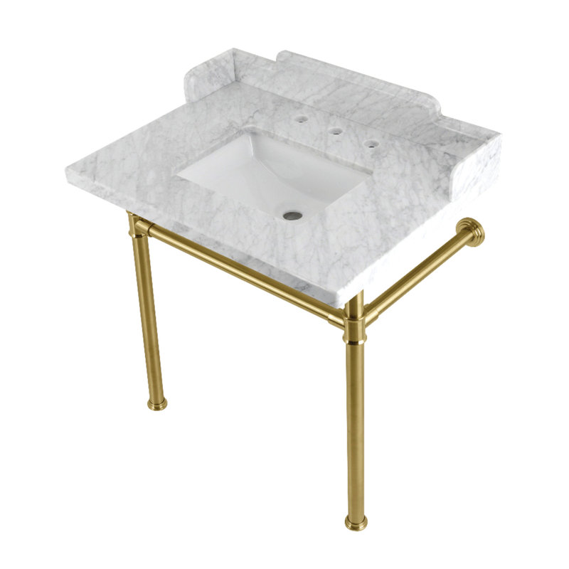 Kingston Brass Wesselman 30-Inch Carrara Marble Console Sink with Stainless Steel Legs (8-Inch, 3-Hole)