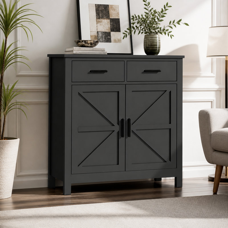 Armoire de rangement moderne avec 2 tiroirs et 2 portes, Noir