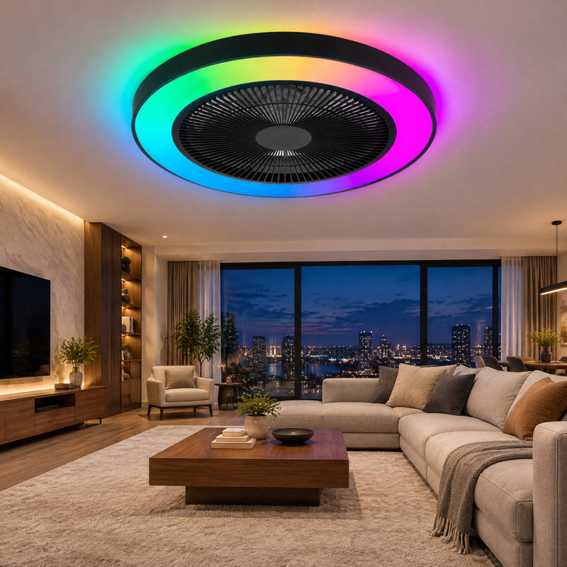 Ventilateur de plafond intelligent noir avec lumière DEL à changement de couleur RVB, intensité variable, application et télécommande