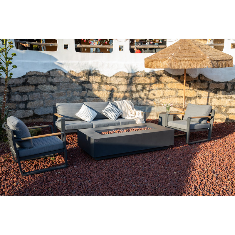 Savanah 72" Rectangular Concrete Outdoor Fire Pit Table with Lava Rocks & Protective Cover, Dark Gray, Natural Gas