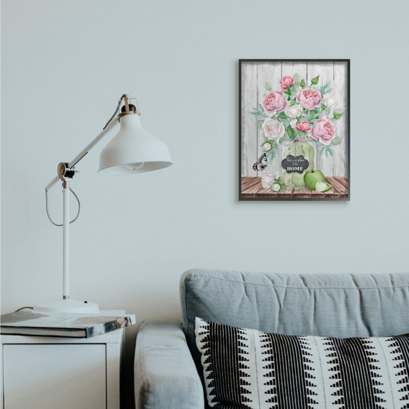 «No Place Like Home Text Pink Roses Fruit Jar» par Sheri Hart - impression d'art graphique, Giclée encadrée noir minuit