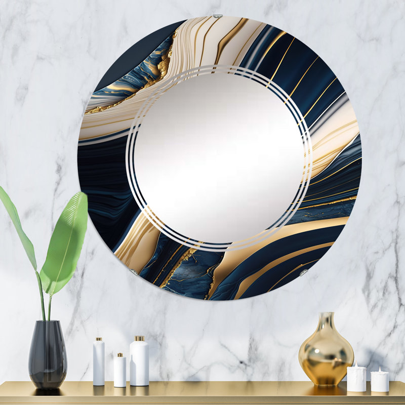 Abstract Geode Waves Blue And Gold II - Modern Waves Wall Mirror, 32 po x 32 po