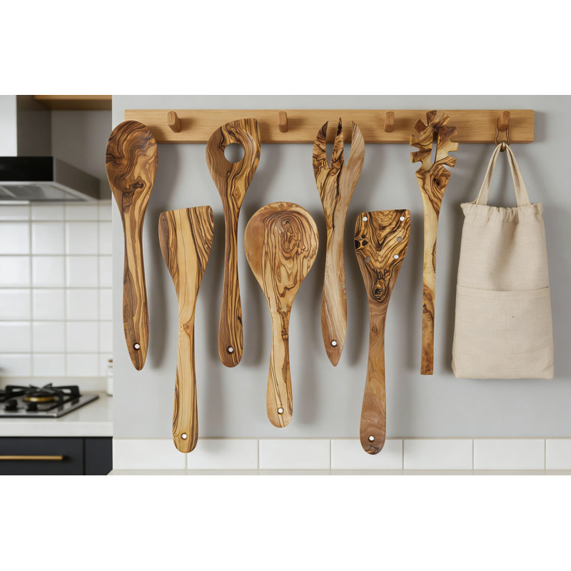 Ensemble d'ustensiles de cuisine en bois d'olivier avec support - 7 cuillères et spatules antiadhésives, non toxique pour toutes les batteries de cuisine, bois d'olivier méditerranéen durable