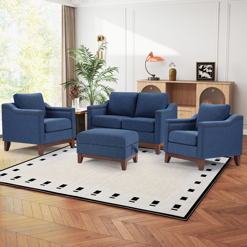 Ensemble de canapé à garniture cloutée 4 pièces avec repose-pieds multifonctionnel Edgell, Bleu