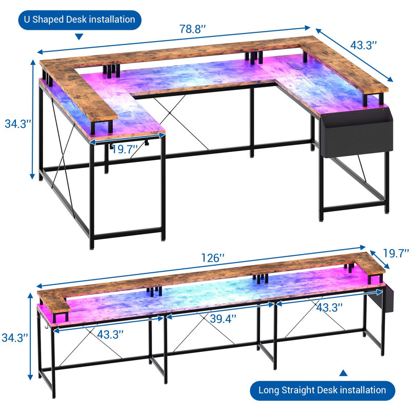 79" U-Shaped Computer Desk, Power Outlets & LED Lights with Monitor Stand for Home Office, Brown/Black