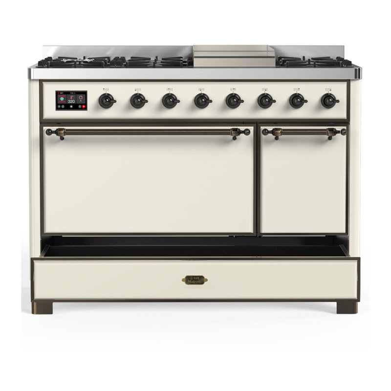 Majestic III Series 48 Inch Dual Fuel Range with 5 Sealed Burners, Griddle, Frenchtop in Antique White (Natural Gas, Burnished Trim)