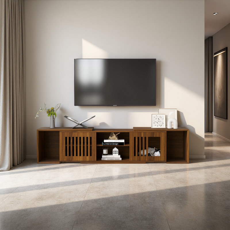 Mid-Century Modern 2 In 1 PET FRIENDLY Walnut TV Stand With Extendable Table Soft Cushion Sliding Door