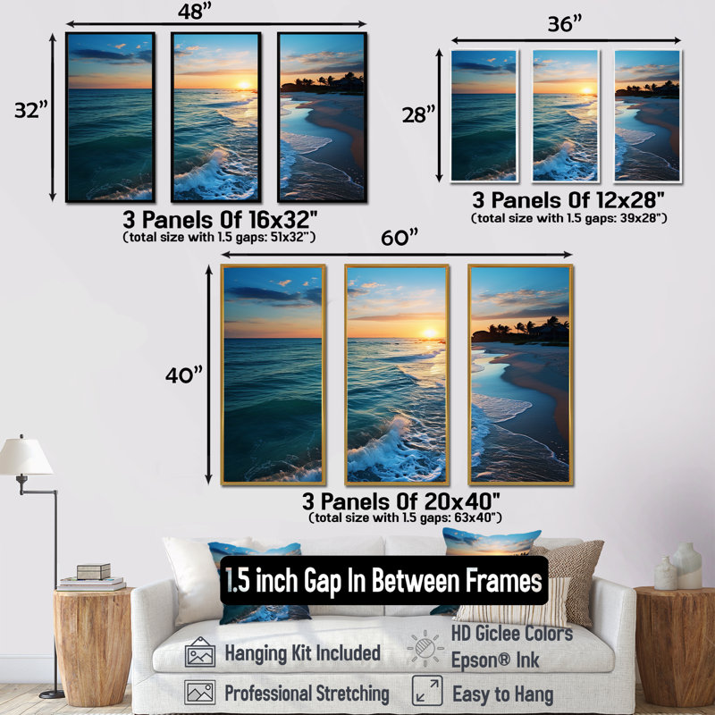 Tranquil Shores Sunset Beach Horizon II - art mural plage, Cadre flottant doré, H 32 po x l 48 po x P 1 po