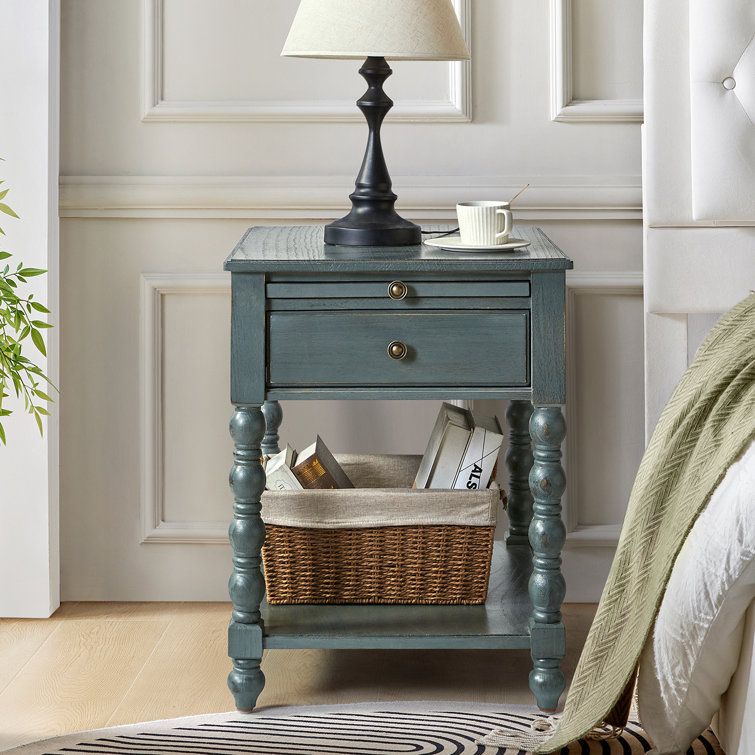 Lashena Traditional 26" Tall Solid Wood End Table with Extendable Tray and Built-in Charging Outlets