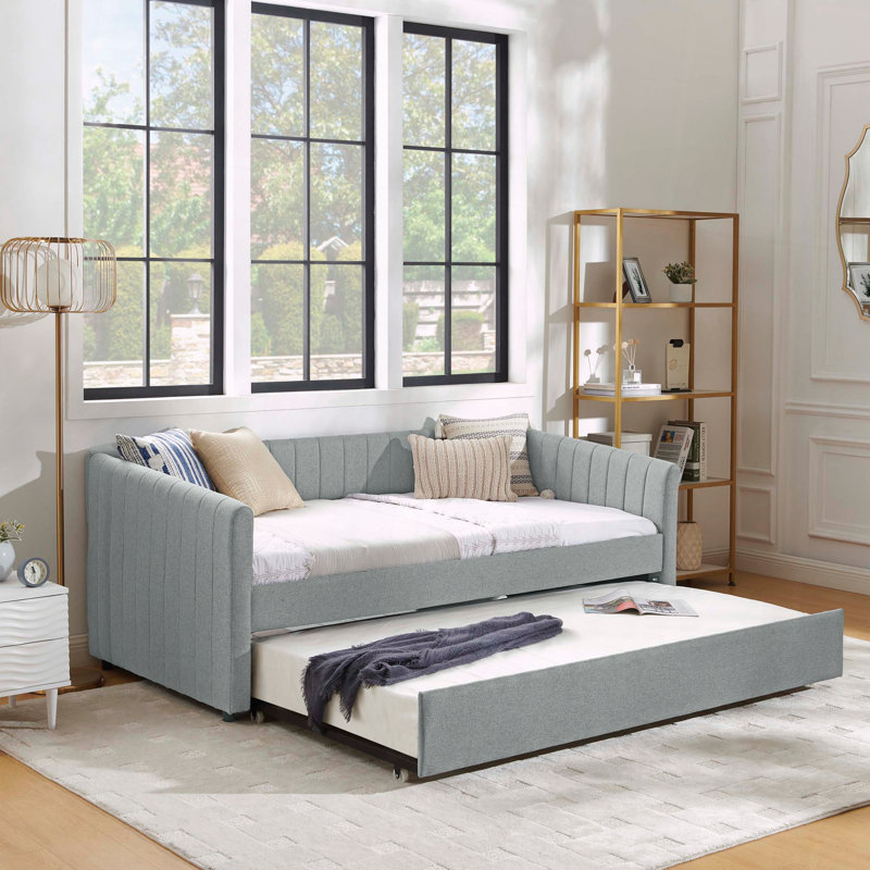 Upholstered Daybed Trundle Sofa Bed Vertical Stripes, Gray, Twin