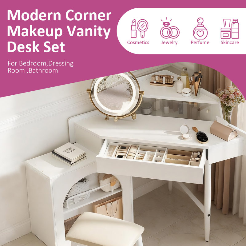 Space-saving Corner Dressing Table With Led Lights Mirror & Stool,corner Makeup Vanity