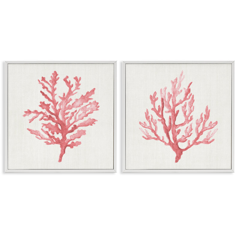 Ensemble de 2 giclées encadrées Rosy Pink Coral Branches, design par Janet Tava, Encadrement giclée blanc côtier