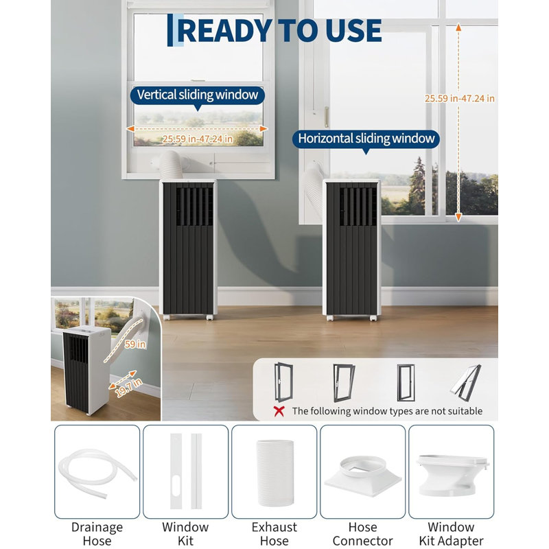 Climatiseur portatif 8 000 BTU pour les pièces jusqu'à 350 pieds carrés Pieds, refroidissement compact 3-en-1, déshumidificateur et ventilateur avec mode de sommeil silencieux, confort moderne