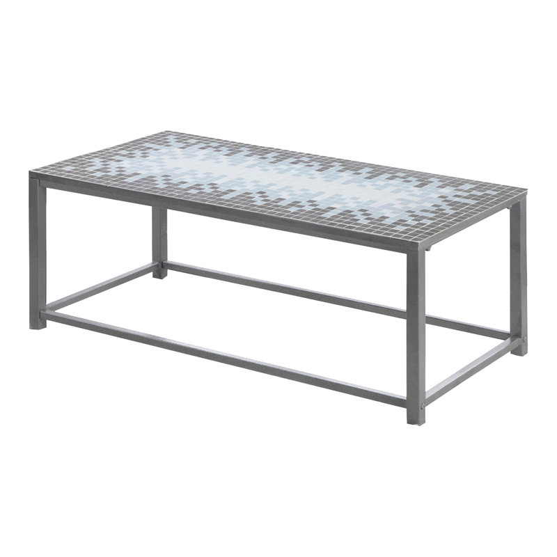 Table basse de salon de 42 po - Carrelage bleu, métal gris, base rectangulaire en métal