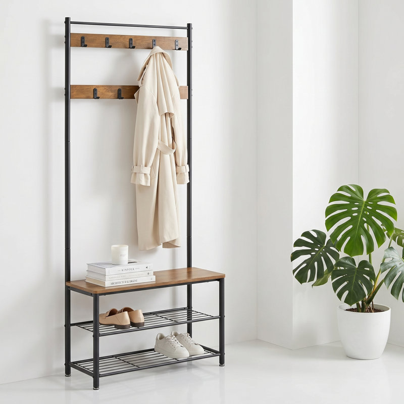 Hall Tree With Bench And Shoe Storage - Industrial Entryway Bench With Coat Rack Stand, Shoe Rack, 9 Movable Hooks, Top Bar, And Fabric Shelves, Rustic Brown And Black