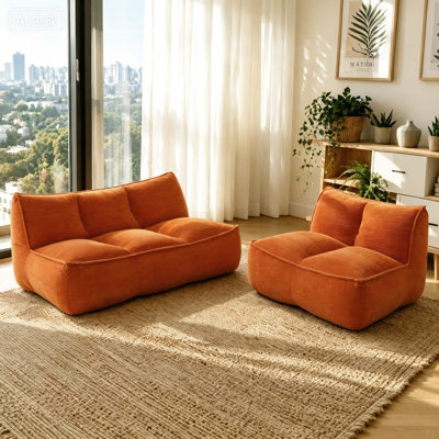 Canapé modulaire 88,5 pouces à double chenille, canapé togolais, fauteuil à billes en velours côtelé fin pour le salon, la chambre à coucher et le dortoir, mini canapé moelleux en nuage moelleux, orange