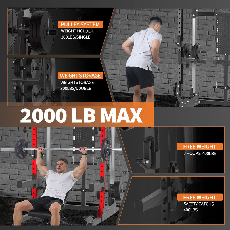 2000LB Power Rack with Dual Pulley System, Adjustable Cable Crossover & Multi-Function Squat Stand for Home Gym-RED