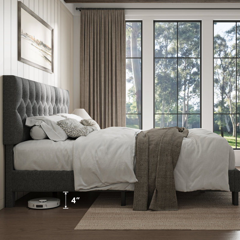 King Upholstered Bed Frame with Headboard, Button Tufted Linen Bed Base, Platform Bed with Wood Slat, Heavy Duty, Easy Assembly, No Box Spring Needed,Dark Grey