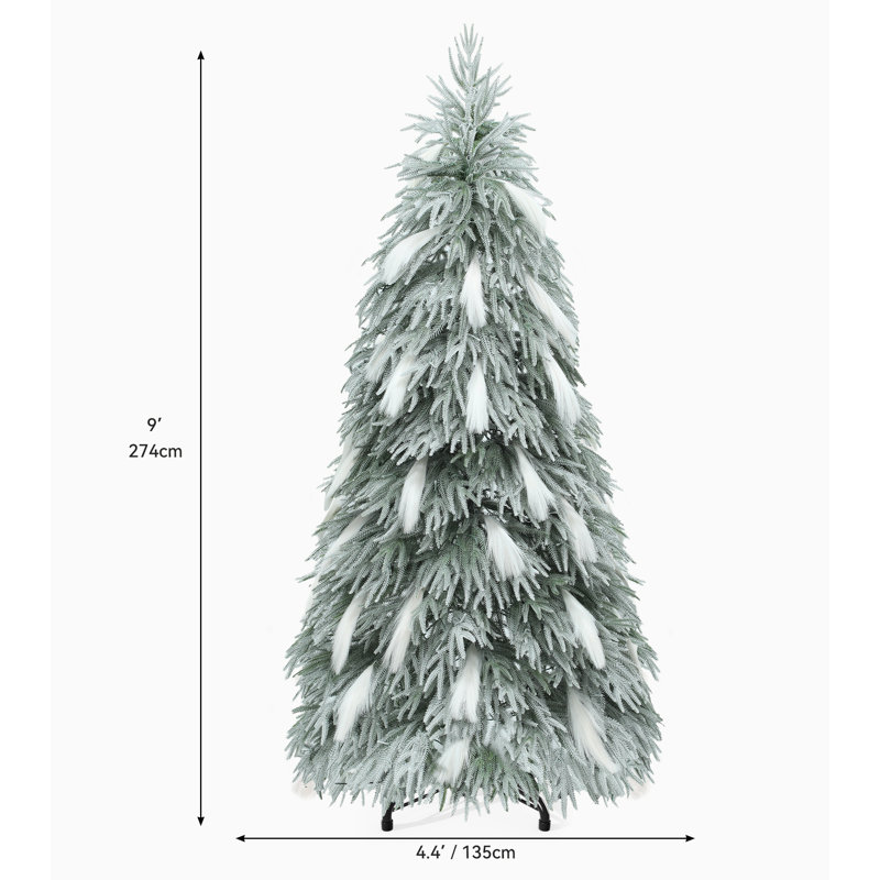  Arbre de Noël artificiel enneigé 7,5 pi / 9 pi avec feuille tombante et plumes blanches, 9 pi