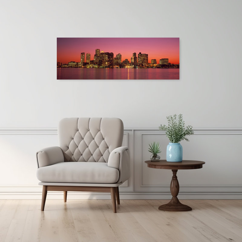 Coucher de soleil, Boston, coloré, abstrait, contemporain, architecture de la ville, art mural, H 12 po x l 36 po