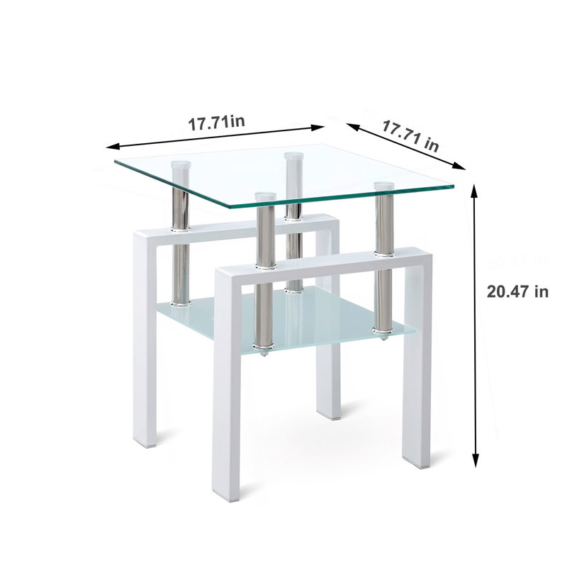 Tempered Glass Sofa Table, 2-Layers End Table With Storage, Living Room Side Table, Transparent / Blanc