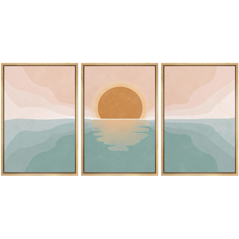 «Pastel Mountain Range Forest Dawn», reproduction sur toile 3 pièces, H 24 po x l 48 po, Toile avec cadre flottant, Naturel