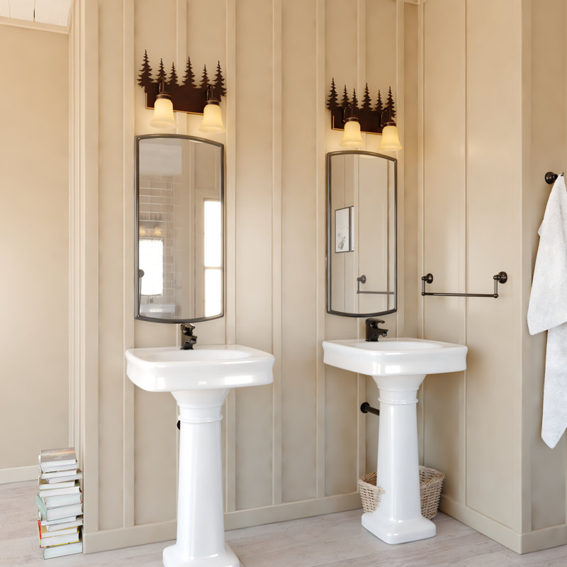 Luminaire de salle de bain rustique en bronze bruni à 2 lumières de 16,75 po de largeur Jensen, abat-jour en verre ambré, motif d'arbre, à intensité variable, compatible avec DEL, fixation murale au-dessus du miroir