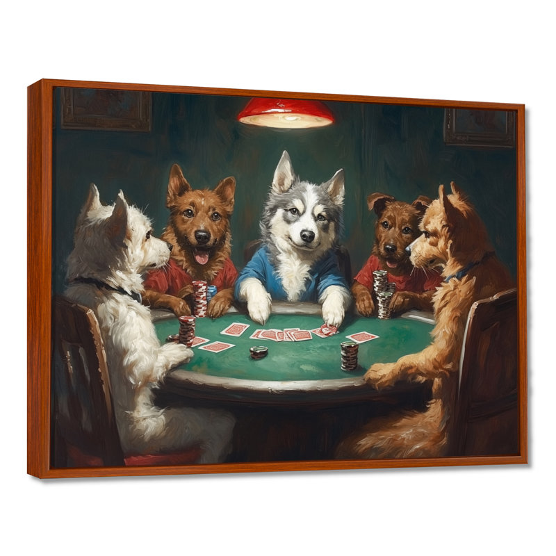Chiens, jeu de poker - impression sur toile, animaux blancs, H 30 po x l 40 po, Cadre flottant, Brun