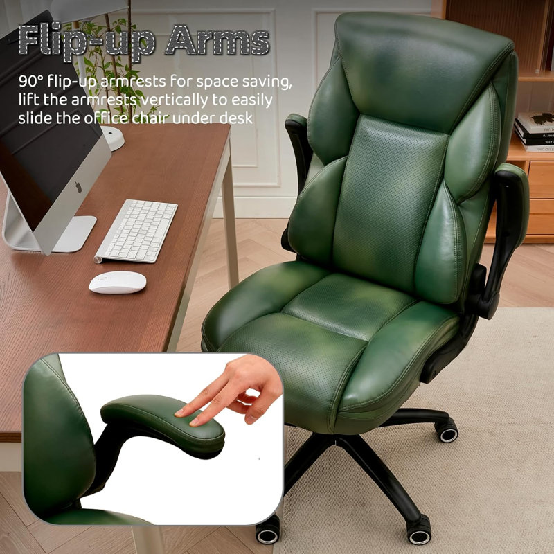 Executive Office Chair - Adjustable Inflatable Lumbar Support, Flip Up Arms, Heavy Duty Metal Base, Breathable PU Leather Ergonomic High Back Computer Chair Desk Chair, Thick Padded | Green