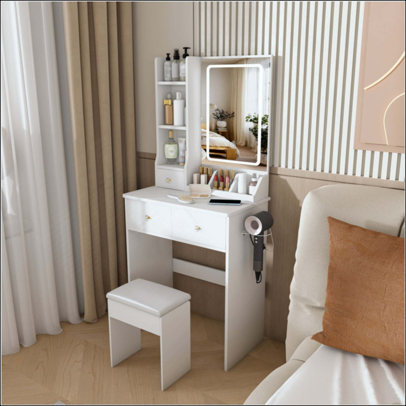 Modern Vanity Desk ,Featuring 3 Modes Of LED Lighting With Adjustable Brightness, 3 Drawers And Multiple Open Storage Shelves, A Hair Dryer Holder And Power Socket, And A Dressing Chair