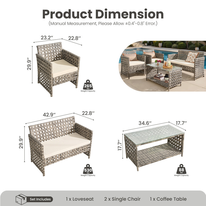 4 - Person Patio Conversation Set with Loveseat, Chairs and Cushions, Beige